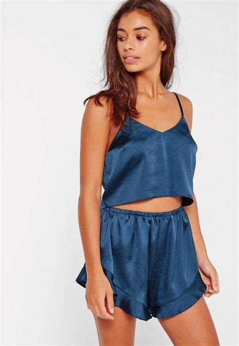 Missguided Blue Cropped Cami Pajama Set Silk Nightwear Women Nightwear Sleepwear Women