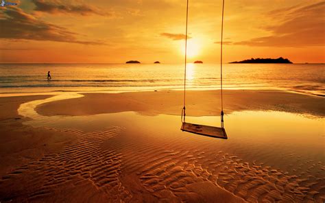 Swing Sunset Sea Sandy Beach Orange Beauty Sky Wallpapers Hd