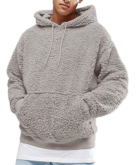 Wpnaks Mens Fluffy Hoodie Solid Pullover Sweatshirt Warm Plain Fleece Pull Over Hooded Tops