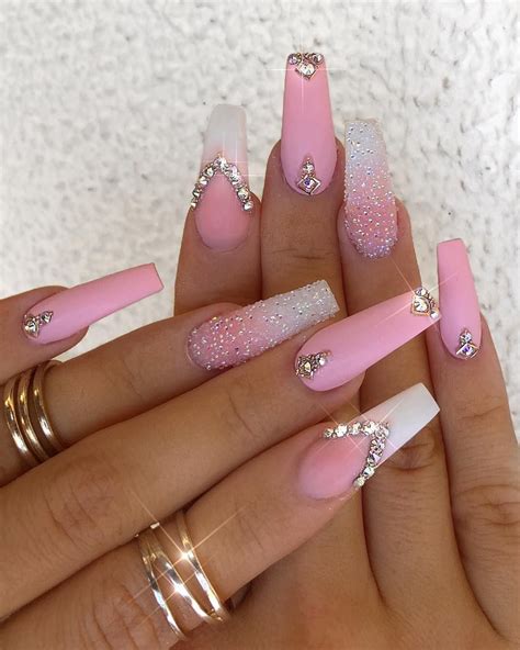 Pink Acrylic Nails With Rhinestones Free Shipping Orders 99 Earn