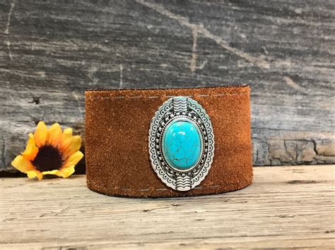 Distressed Upcycled Brown And Turquoise Leather Cuff Bracelet Etsy