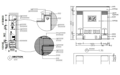 Bedroom Elevation And Section Drawing Details With Furniture Drawing