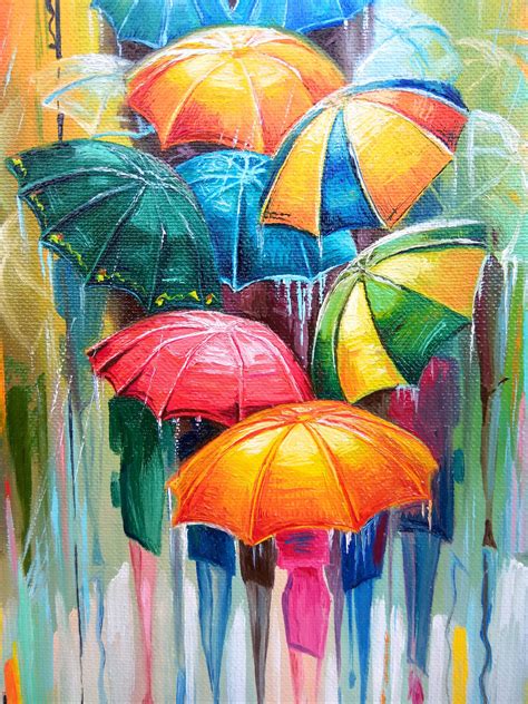 Umbrella Painting Original Art Autumn Landscape Painting Rain Etsy