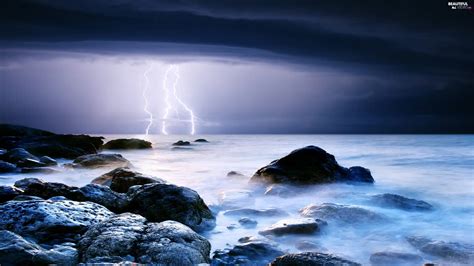 Night Lightning Stones Sea Storm Beautiful Views Wallpapers