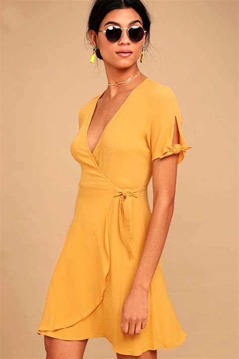 cute yellow dress wrap dress short sleeve dress