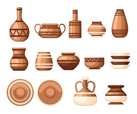 Premium Vector Set Of Clay Crockery With Patterns Kitchenware Dishes