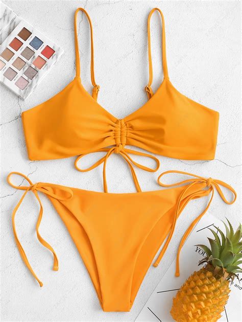 68 Off 2020 Zaful Cinched Low Rise String Tie Bikini Swimsuit In Bee