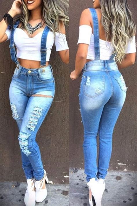 Light Blue Fashion Casual Stitching Ripped Denim Overalls Cute Ripped Jeans Girls Ripped