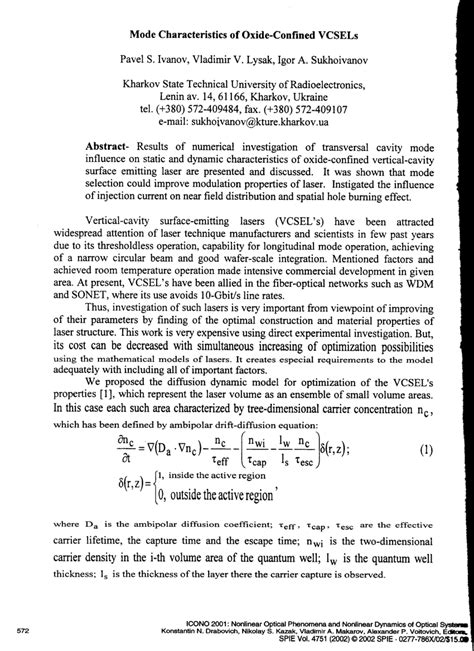 PDF Mode Characteristics Of Oxide Confined VCSELs