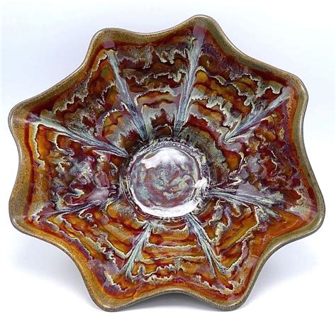 Large Studio Art Pottery Bowl Centerpiece 14 Drip Glaze Fluted Maroon