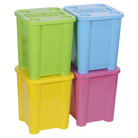 Set Of 4 Plastic Stackable Coloured Toy Storage Boxes With Lids Sturdy