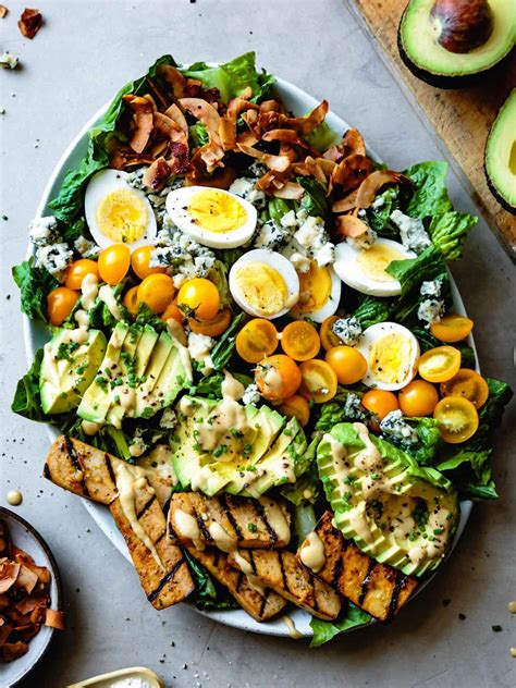 vegetarian cobb salad with grilled tofu and coconut bacon