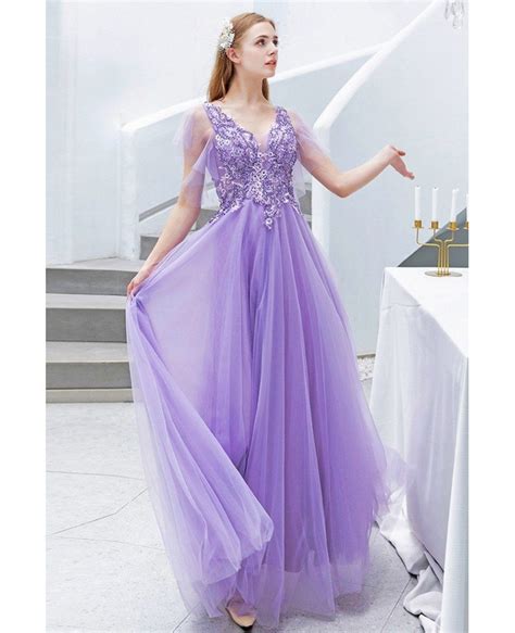 Pretty Purple Long Tulle Prom Dress Vneck With Tulle Sleeves Beadings Wholesale T78013