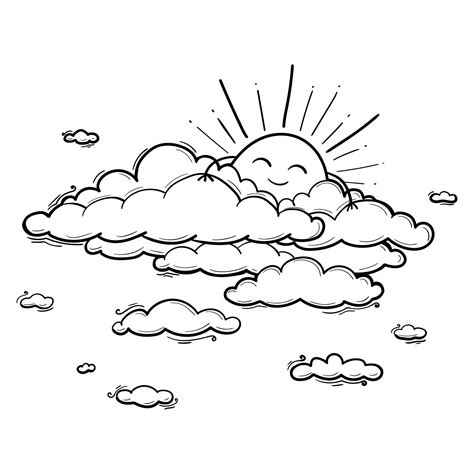 Sun And Cloud Drawing In Engraving Outline Style Vector Illustration