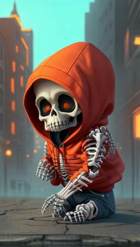 A Skeleton Sitting On The Ground In Front Of A Cityscape With Red Eyes