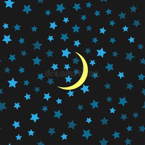 Seamless Pattern With Moon And Blue Stars On Black Background Stock