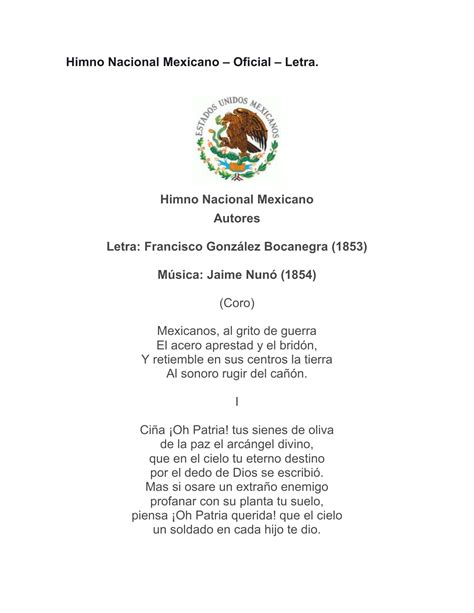 Toda La Letra Del Himno Nacional Himno Nacional Mexicano Completa Letra Coro Kulturaupice