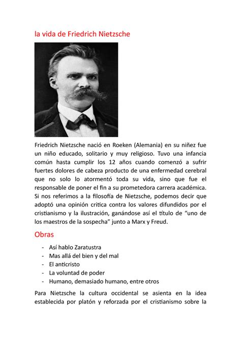 La Vida De Friedrich Nietzsche La Vida De Friedrich Nietzsche Friedrich Nietzsche Naci En