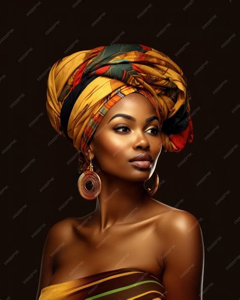 伝統的な宝石の服とカラフルなターバン黒背景のアフリカ女性の肖像画を接写します。 プレミアム写真