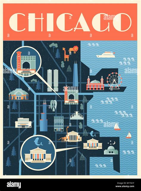 Vector Poster Illustration Of Map With Landmarks Of Chicago Famous