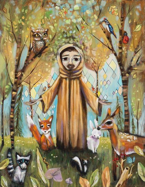 Saint Francis Assisi In Forest With Animals Fox Bunny Deer Owl