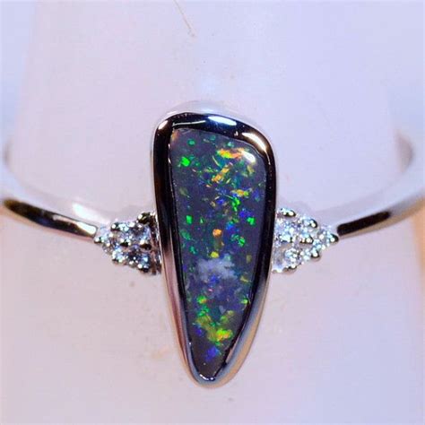 Hand Made Solid Australian Black Opal Diamond Solid Ct White Gold