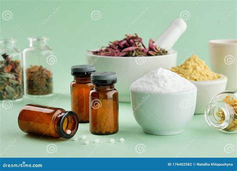 Bottles Of Homeopathic Drugs Herbal And Mineral Ingredients And