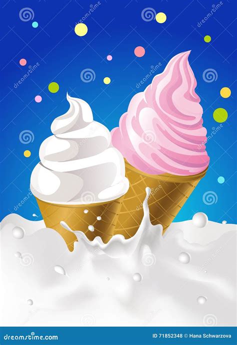 Pink And White Ice Cream In Milk Splash With Dotted Colorful Design Vector Illustration Stock