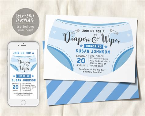Editable Diaper And Wipes Baby Shower Invitation Template Etsy