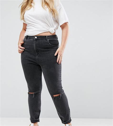 Asos Curve Farleigh High Waist Mom Jeans In Washed Black With Busted K