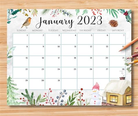 Editable January 2023 Calendar Beautiful Winter In A Garden Etsy