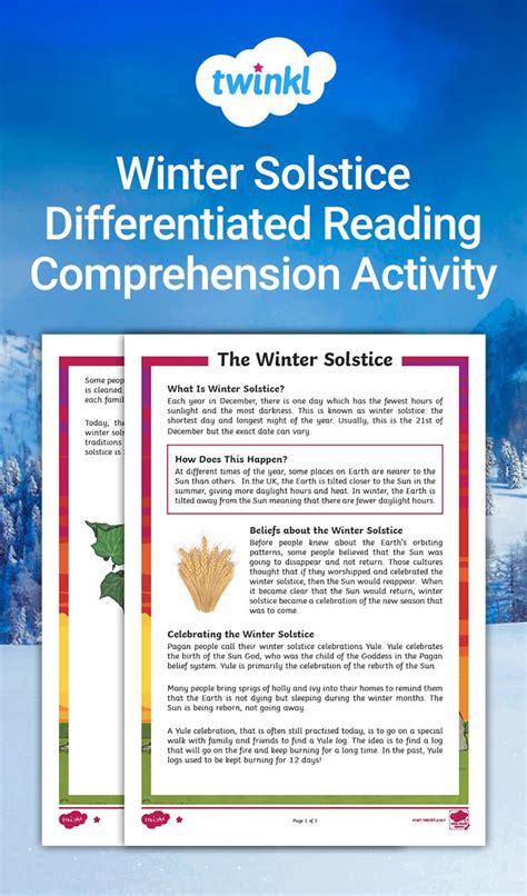 Winter Solstice Differentiated Reading Comprehension Activity Reading Comprehension Activities