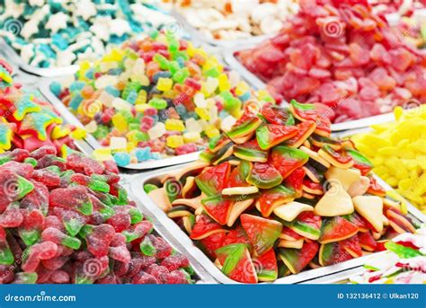 Assortment Colorful Gummy Candies At Market Selective Focus Stock Photo