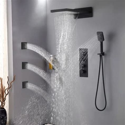 luxury wall mounted waterfall rain shower system with 3 body sprays and handheld shower solid