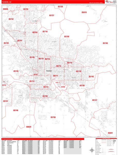Tucson Arizona Zip Code Wall Map Red Line Style By Marketmaps Mapsales