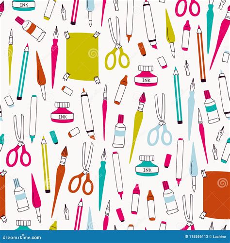 Art Supplies Seamless Pattern Vector Doodle Elements For Drawing
