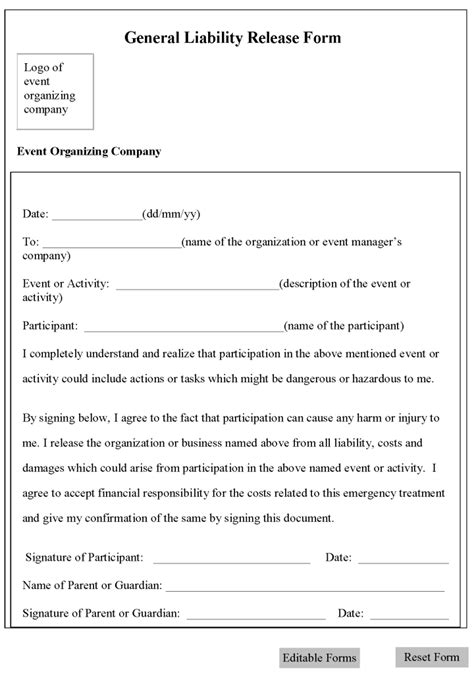 printable liability waiver sample form generic