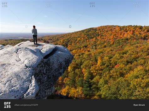 Woman Standing On A Rocky Cliff Overlooking An Autumn Forest Stock
