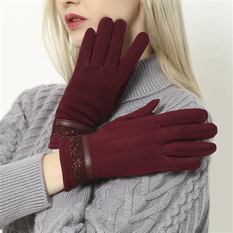heated gloves women autumn winter warm thicken touch screen wool cashmere lace pattern solid