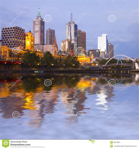 Melbourne Skyline At Twilight Stock Image Image Of Reflection