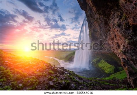 Sunrise On Seljalandfoss Waterfall On Seljalandsa Stock Photo 565566016