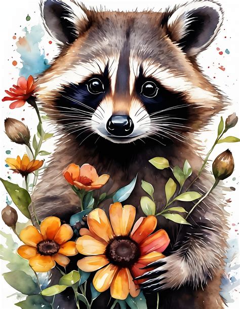 Cute Raccoon And Flowers Free Stock Photo - Public Domain Pictures