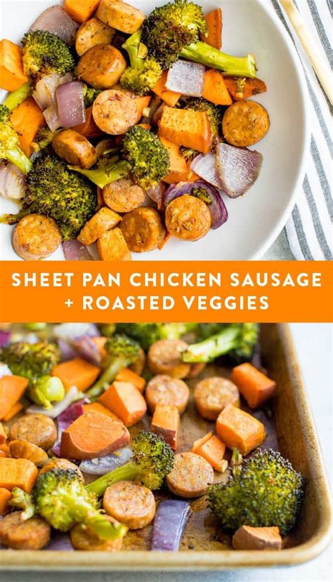 One Pan Roasted Veggie And Chicken Sausage Recipe Chicken Sausage Recipes Food Recipes