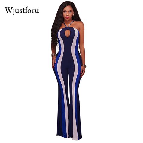 Wjustforu Sexy Strap Striped Jumpsuit Wide Legs Summer Sleeveless Backless Off Shoulder Full