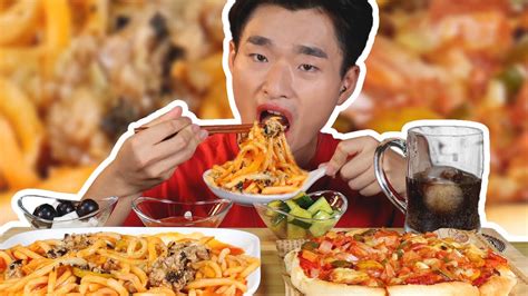 Sub Mukbang Spaghetti With Meat Sauce On Pizza Eating With John Asmr