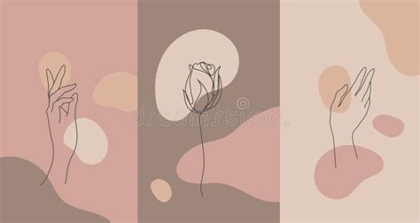 Vector Minimalist Style Plants Hand Line Flower Nude Colors Hand Drawn Abstract Print Stock