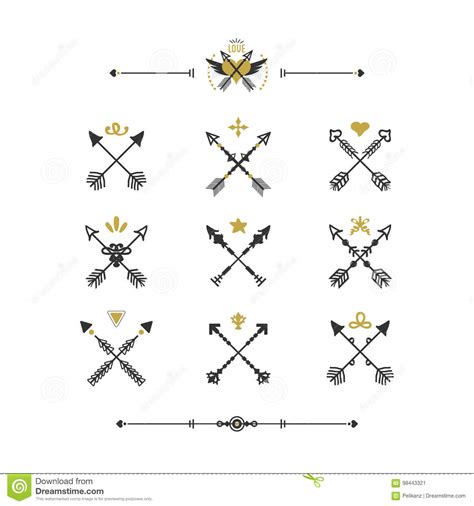 Black And Golden Hand Drawn Tribal Crossed Arrows Icons Set Stock