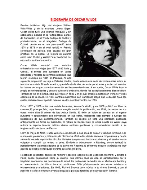 Biografía De Óscar Wilde BiografÍa De Óscar Wilde Escritor Británico Hijo Del Cirujano
