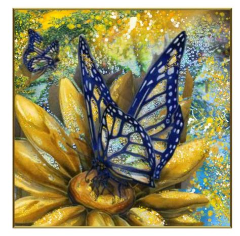 Two Blue Butterflies Sitting On Top Of A Yellow Flower