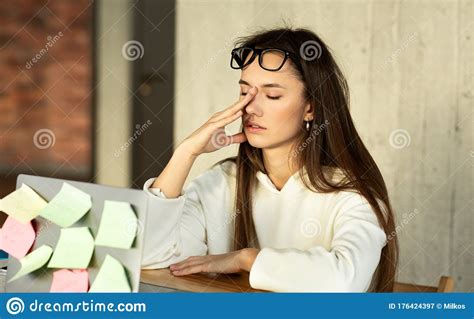 Tired Concept Freelancer Girl Can Not Concentrate Stock Image Image